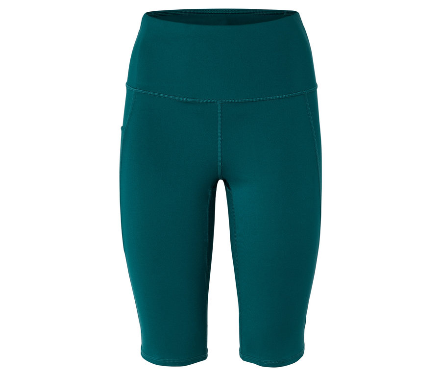 Nahaufnahme von türkisfarbenen, hochtaillierten Leggings mit seitlicher Tasche.