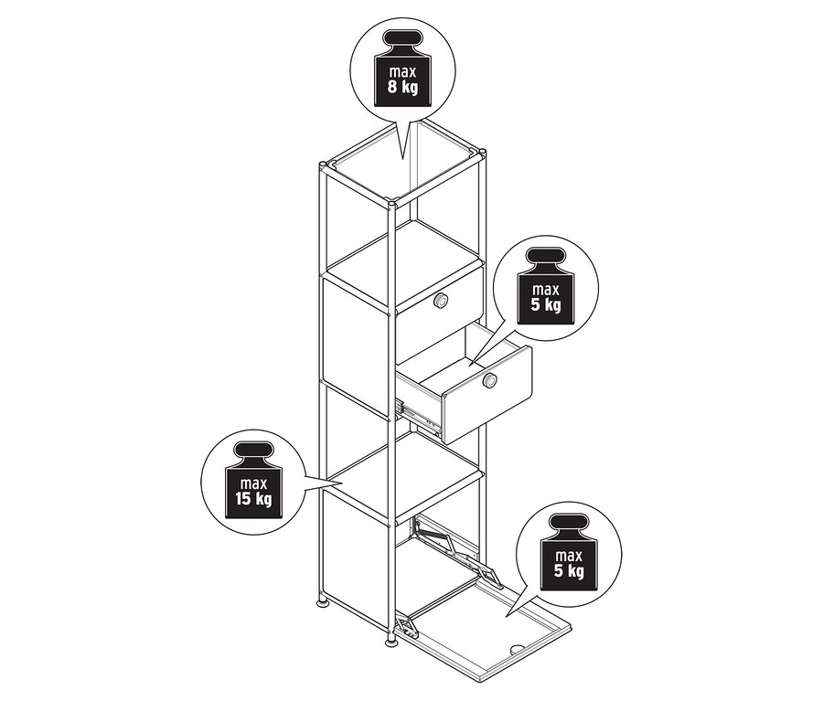 Abgebildet ist ein Metall-Regal »CN3 Slim Line« mit zwei versetzbaren Schubladen und einer versetzbaren Klappe, wobei eine Schublade und die Klappe geöffnet sind. Das Regal hat eine maximale Belastbarkeit von 8 kg oben, 5 kg pro Schublade/Klappe und 15 kg im mittleren Fach.