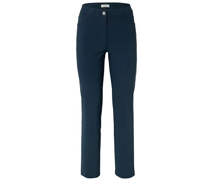 Marineblaue, lange Hose mit geradem Bein und Taschen ist vor einem weißen Hintergrund zu sehen.