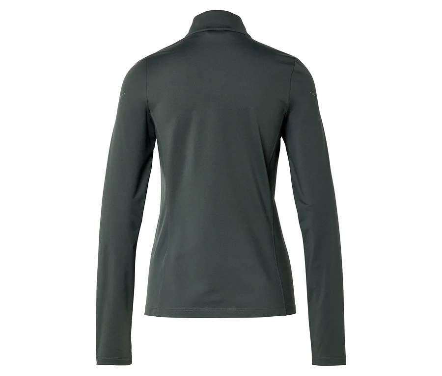 Rückansicht einer dunkelgrauen, langärmeligen Sportjacke mit Reißverschluss und Stehkragen.