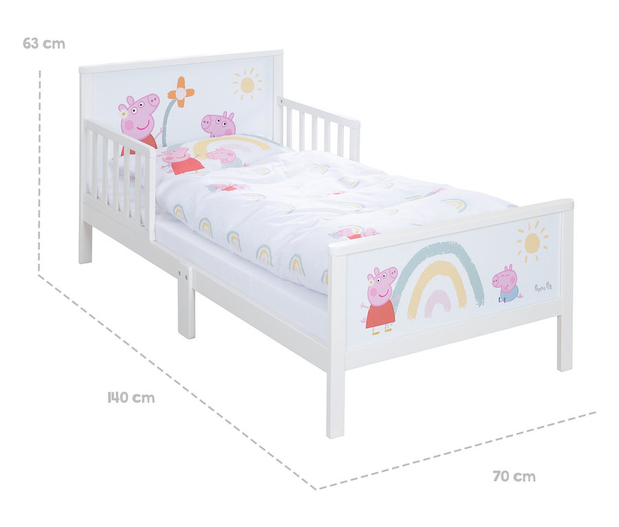 Weißes Kinderbett mit Peppa Pig Motiven und Größenangaben.