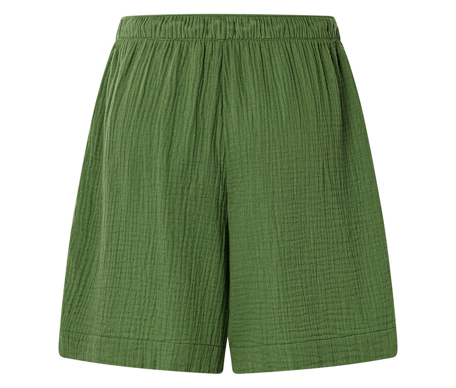 Nahaufnahme einer olivgrünen Shorts mit Gummibund und weitem Bein.