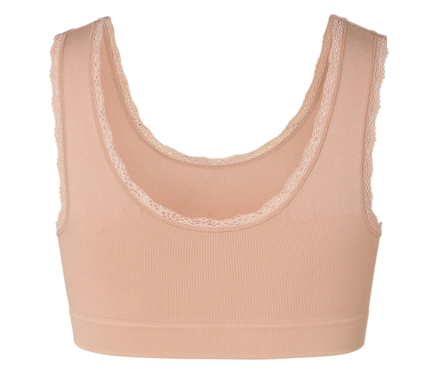Nahaufnahme eines beigen Sport-BHs mit Spitzenbesatz.