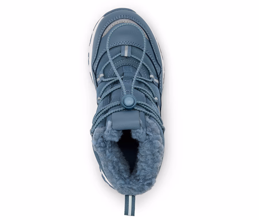 Draufsicht auf einen blauen Winterstiefel mit Schnürung und Fellfutter.