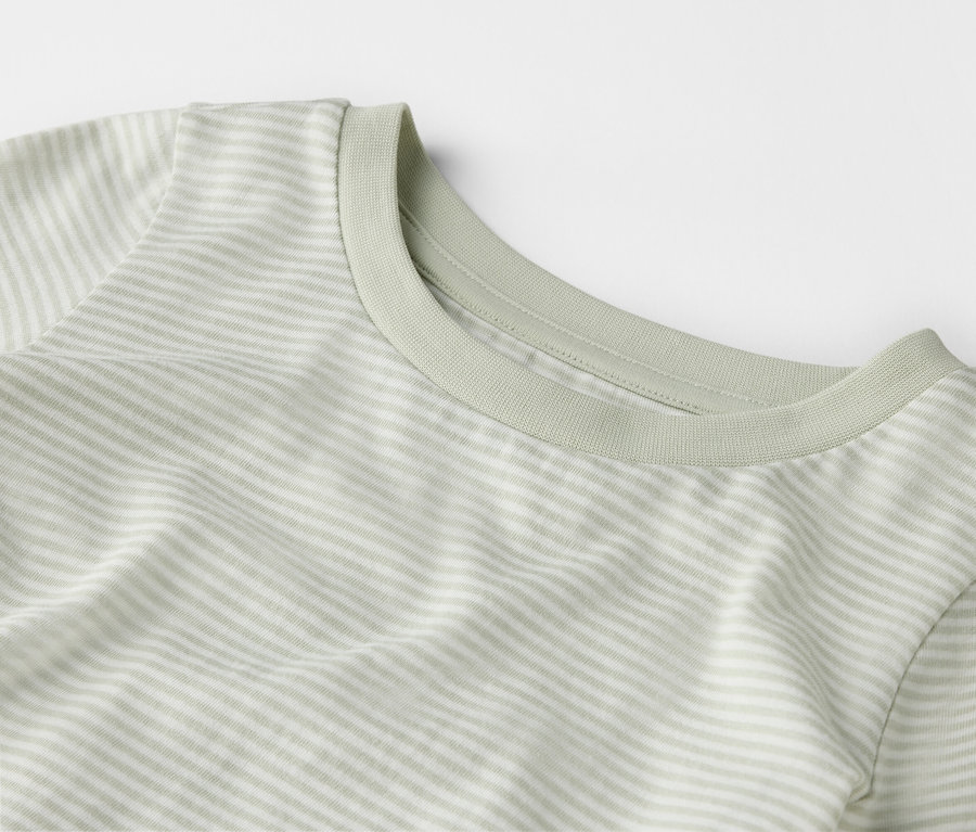 Nahaufnahme eines hellgrün gestreiften T-Shirts mit Rundhalsausschnitt auf einem weißen Hintergrund.