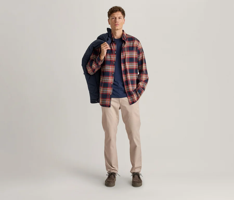 Ein Mann steht mit einer dunkelblauen Steppjacke über der linken Schulter. Er trägt ein rot-blau-beiges kariertes Hemd, ein dunkelblaues T-Shirt, beigefarbene Hosen und braune Schuhe.