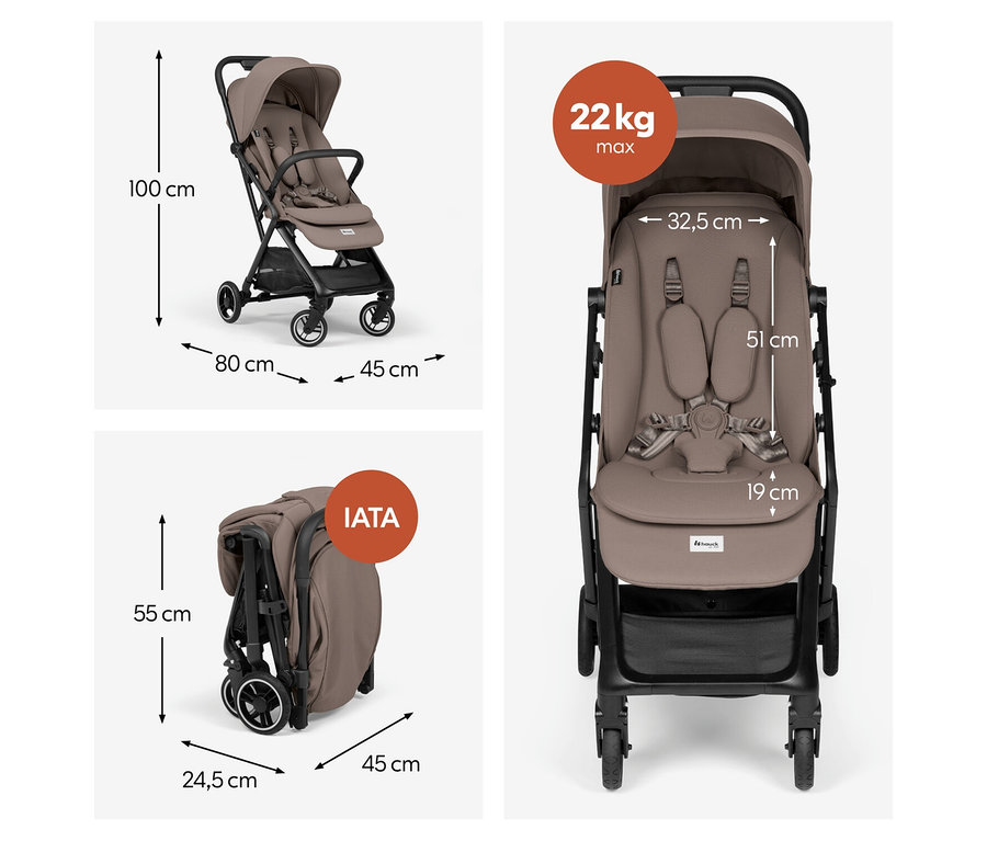 Brauner Hauck Kinderwagen in drei Ansichten mit Maßen. Ausgeklappt: 100x80x45 cm. Zusammengeklappt: 55x45x24,5 cm, IATA-konform. Sitz: 32,5 cm breit, 51 cm Rückenlehne, 19 cm Sitztiefe, max. 22 kg.
