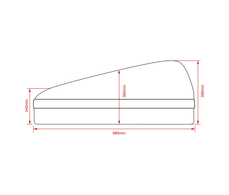 Seitenansicht der FISCHER Dachbox mit Maßen: Länge 990mm, Höhe vorne 240mm, Mitte 360mm, hinten 390mm.