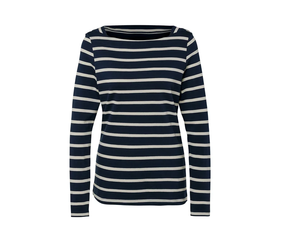 Blau-weiß gestreiftes Langarmshirt.