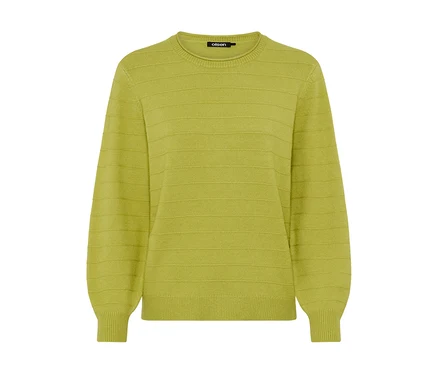 Limettengrüner Rundhals-Pullover mit langen Ärmeln und dezenten horizontalen Strukturstreifen.