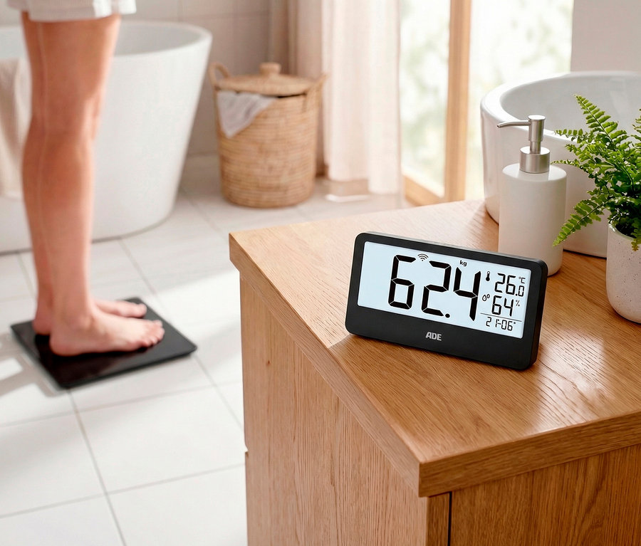 Eine Person steht barfuß auf einer schwarzen digitalen Personenwaage. Daneben zeigt ein Display auf einem Holzschrank "62.4 kg" an.