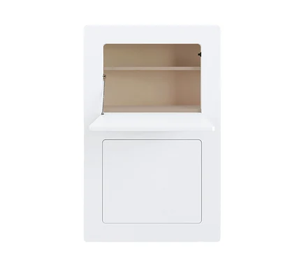 Weißer Badezimmerschrank mit offener Klappe und Fach.
