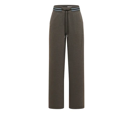 Dunkelbraune CECIL Stoffhose mit weitem Bein, elastischem Bund mit hellblauen Streifen und Kordelzug.