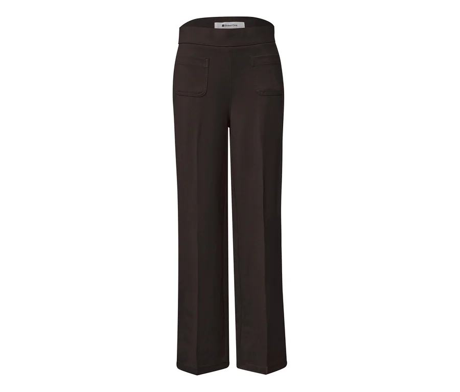 Braune Street One Stoffhose mit weitem Bein, breitem Bund und aufgesetzten Vordertaschen.