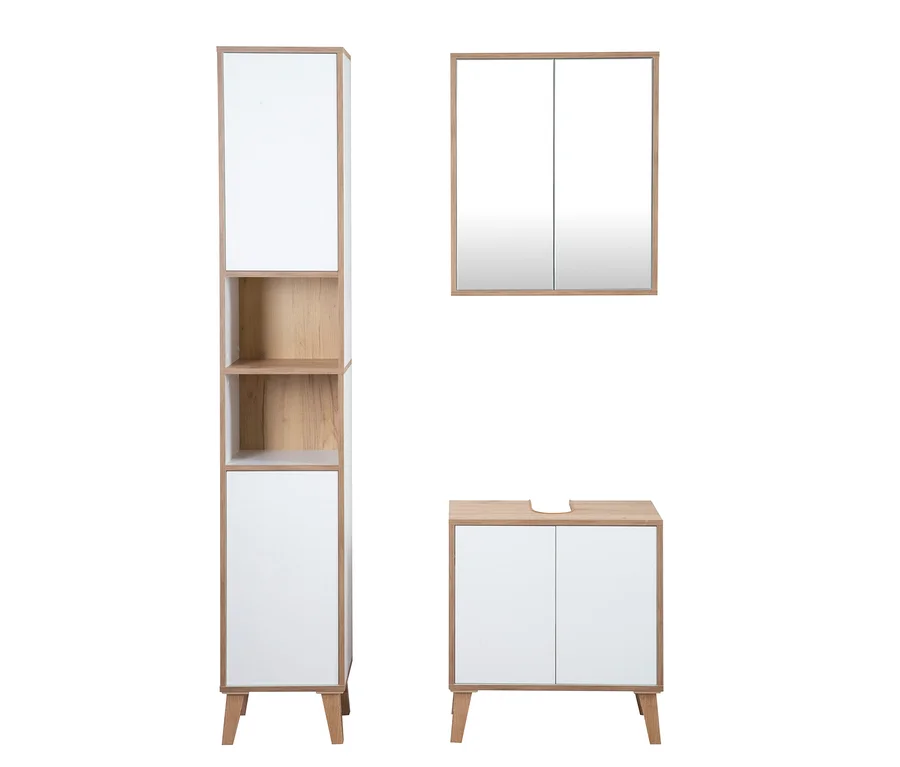 Roba Spiegelschrank »Morena« mit 2 Türen und Spiegel, weiß mit Artisan-Eiche, an der Wand montiert.