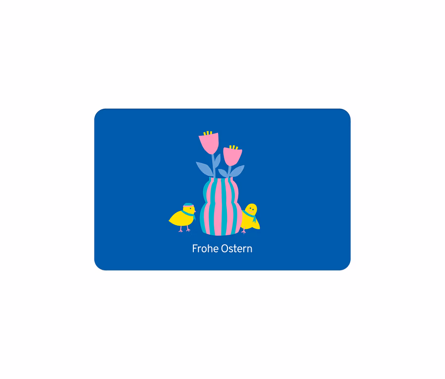 Blaues Bild mit einer rosa-türkisen gestreiften Vase, die rosa Blumen enthält, flankiert von zwei gelben Küken. Darunter steht "Frohe Ostern".
