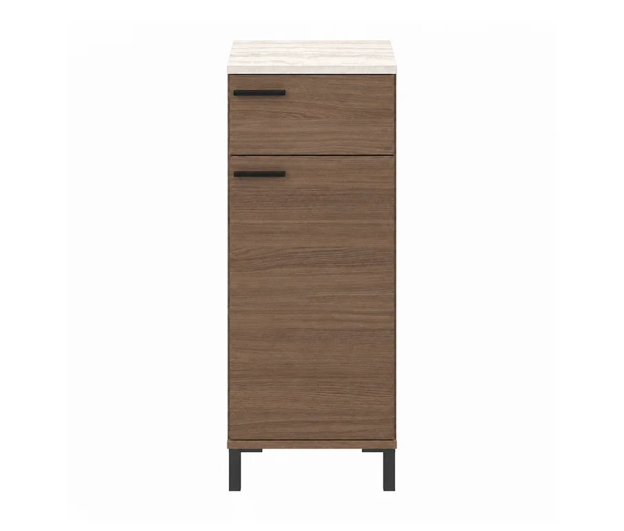 Brauner Holzschrank mit zwei Schubladen, schwarzen Griffen, einer hellen Marmorplatte und schwarzen Beinen auf weißem Hintergrund.