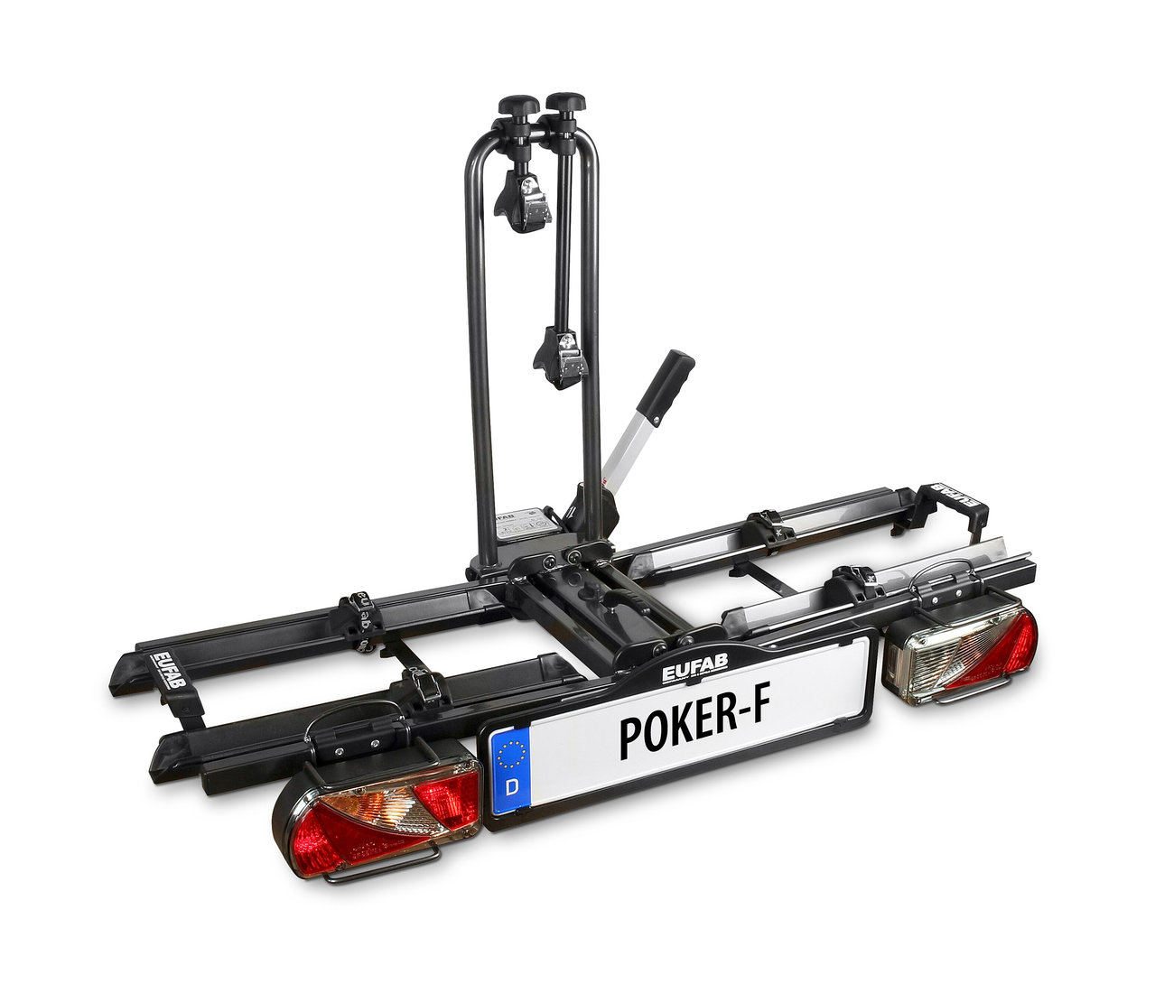 Ein schwarzer Fahrradträger »Poker-F« vor einem weißen Hintergrund.