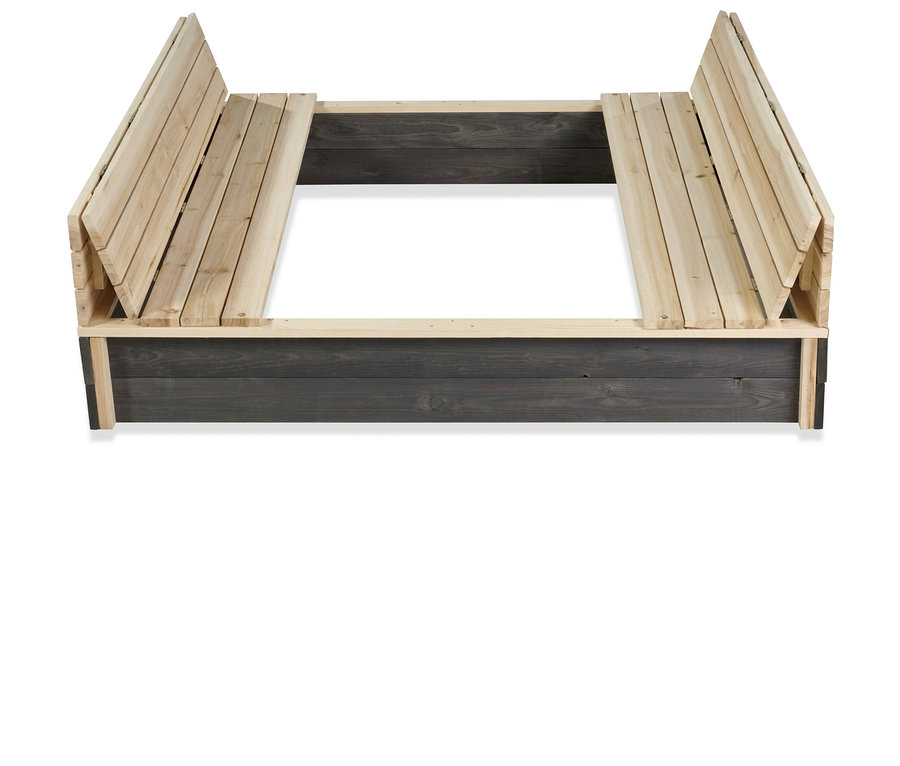 Der EXIT XL-Sandkasten »Aksent« aus grauem und hellem Holz mit hochgeklappten Sitzflächen ist von vorne zu sehen.