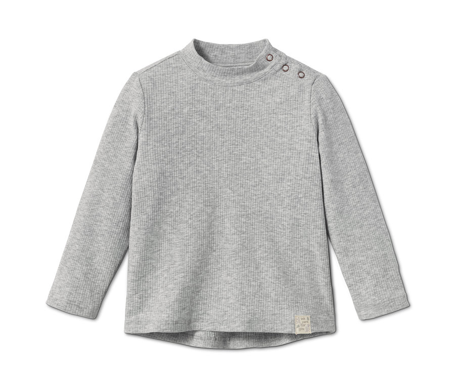 Graues Baby-Rippshirt mit langen Ärmeln und Knöpfen an der Schulter.