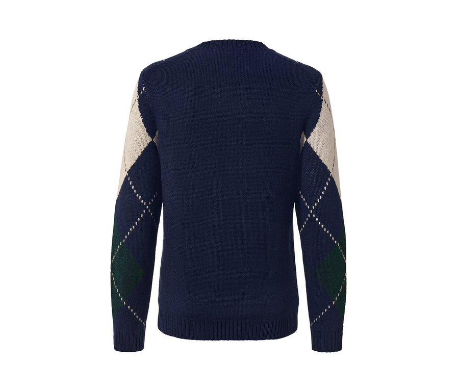 Dunkelblauer Strickpullover mit Rautenmuster an den Ärmeln.