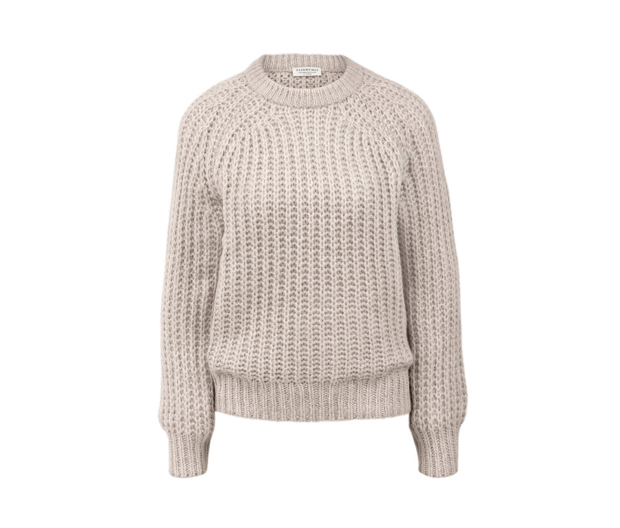 Cremefarbener, melierter Grobstrick-Pullover mit Wolle.