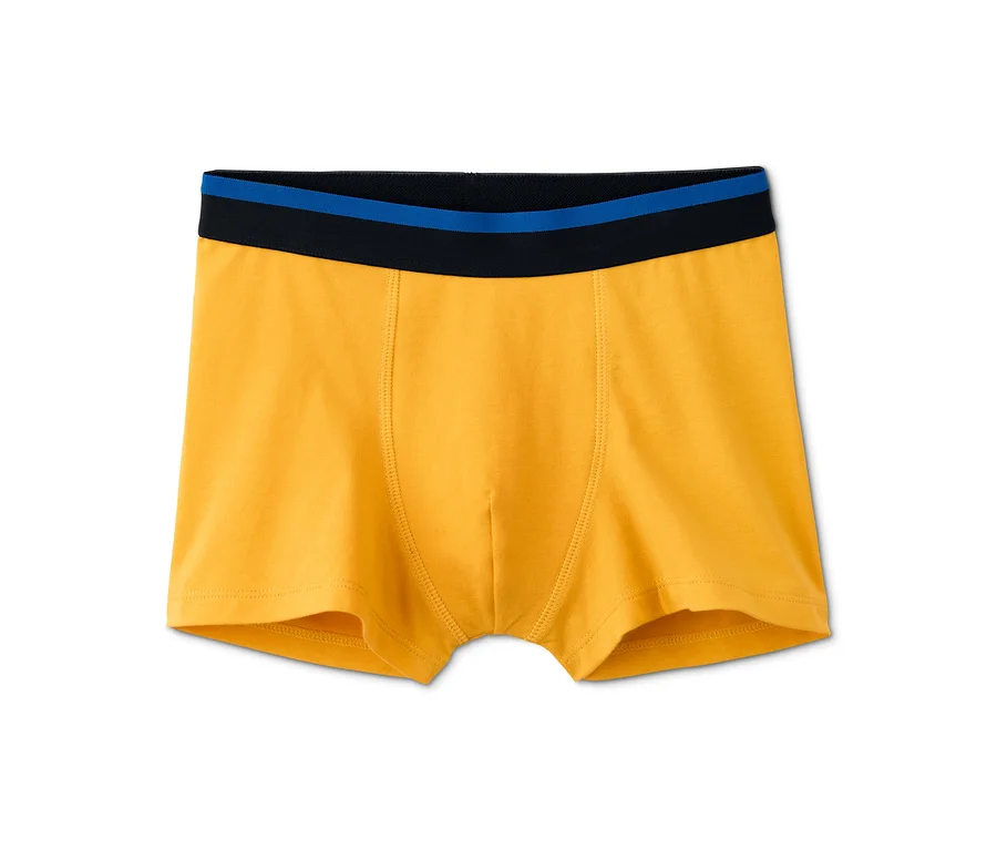 Gelbe 5 Slipboxer mit schwarzem und blauem Gummibund.