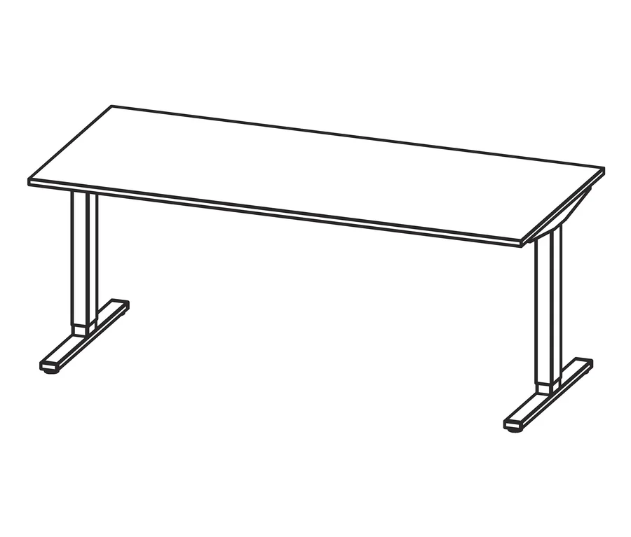 Schwarz-weiße Illustration eines elektrisch höhenverstellbaren Schreibtisches, ca. 180 x 80 cm.
