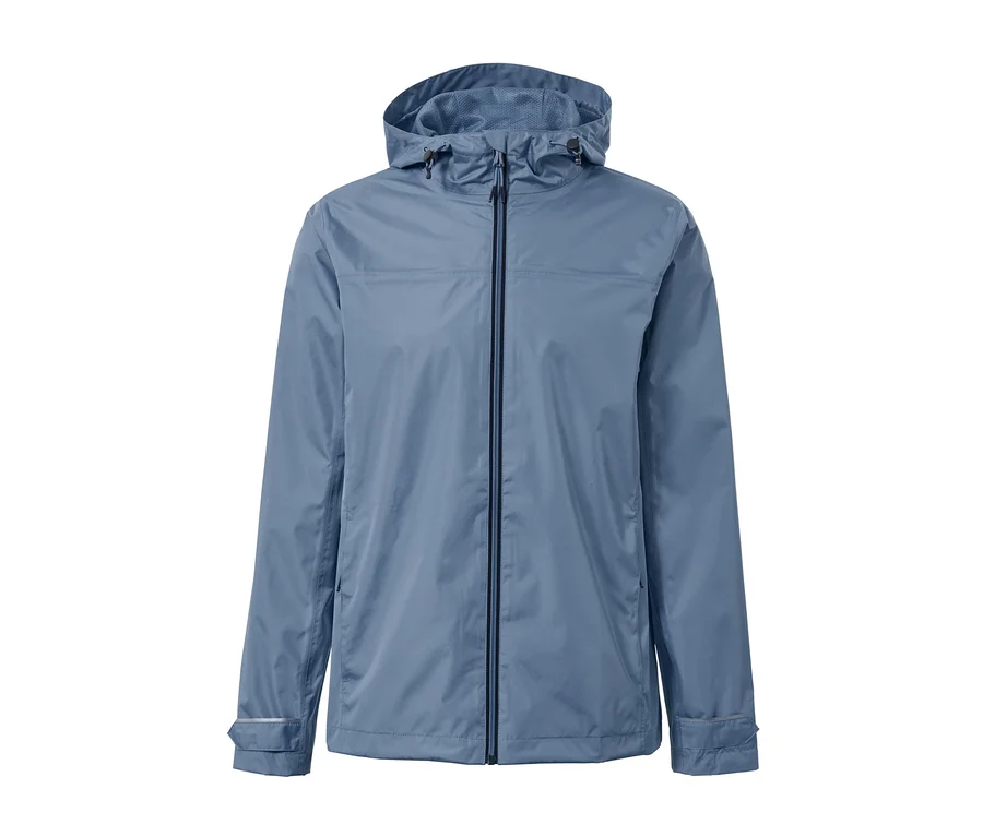 Blaue Unisex-Regenjacke mit Kapuze und Reißverschluss in der Mitte.