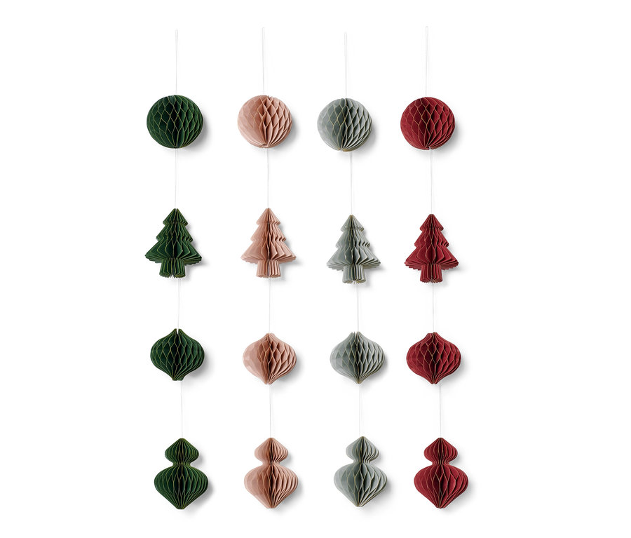 Vier Reihen von Weihnachtsbaumschmuck, 16er-Set, in Grün, Rosa, Grau und Rot.