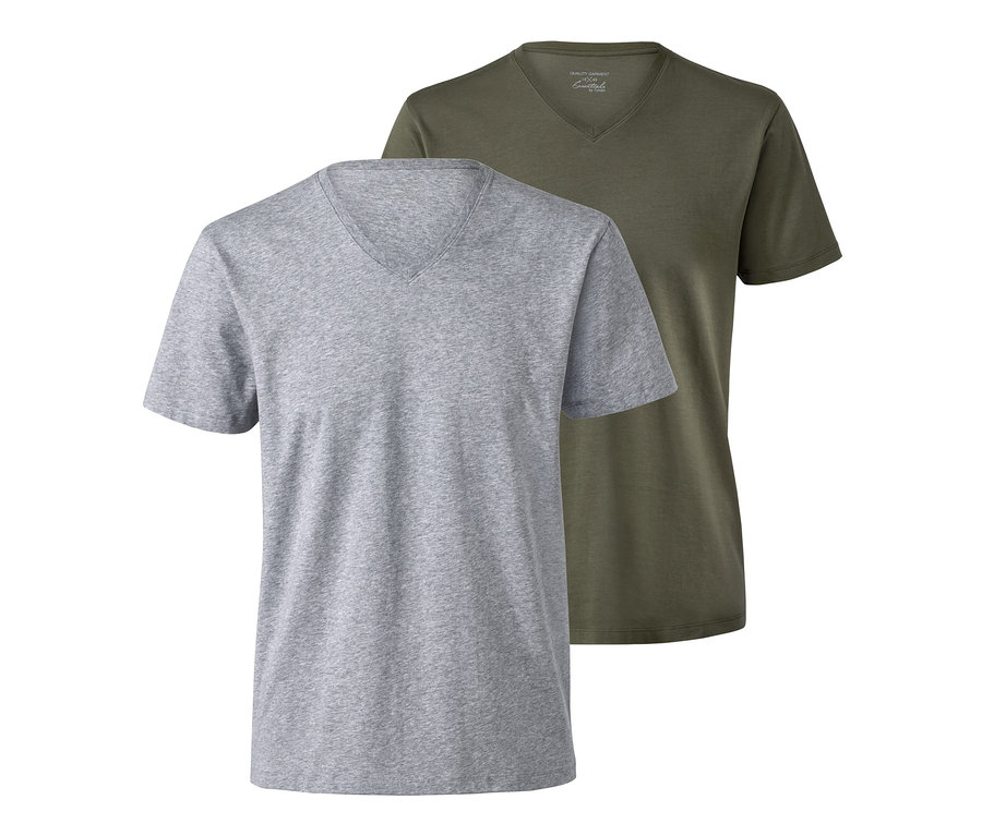Zwei T-Shirts mit V-Ausschnitt, grau und olivgrün, aus dem 2 T-Shirts mit V-Ausschnitt Set.