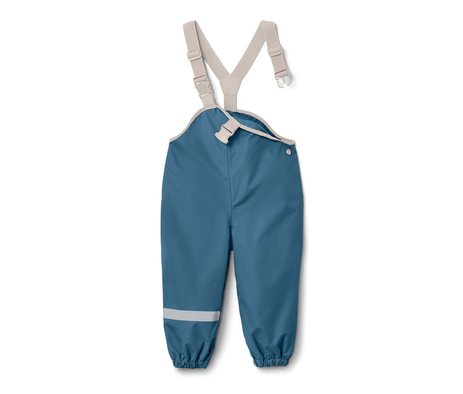 Blaue Kleinkind-Regenhose mit Latz und Reflektorstreifen.