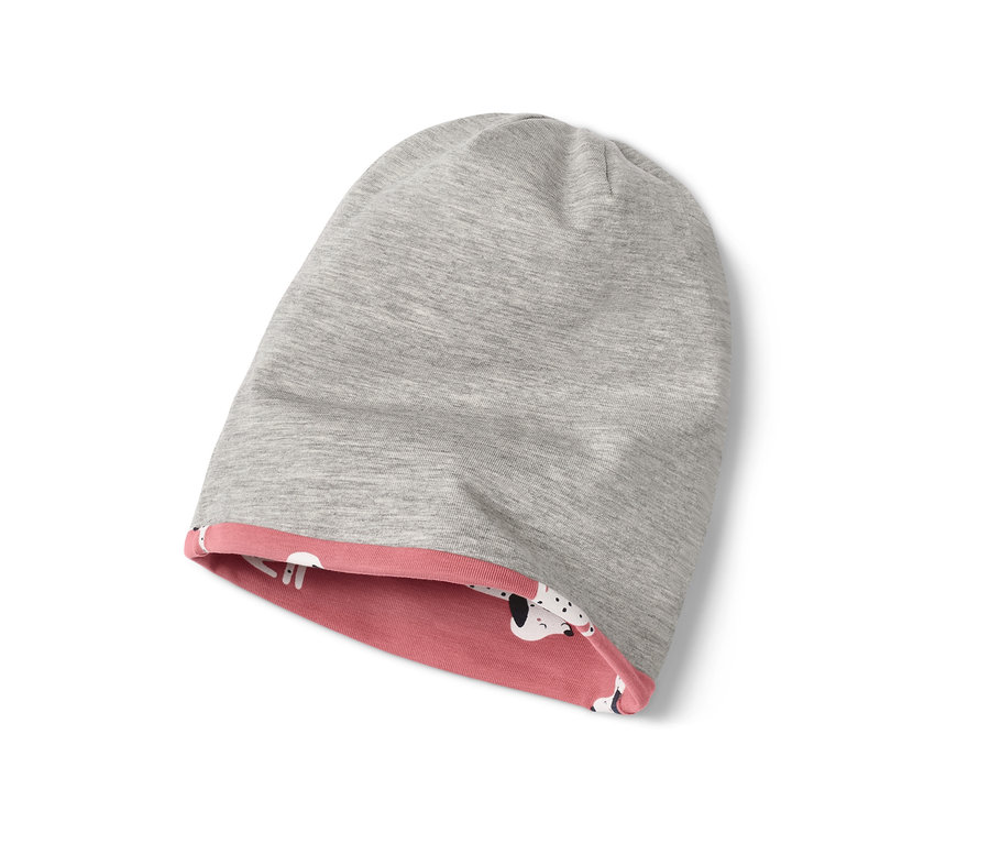 Grau-rosa Kinder-Wendemütze.