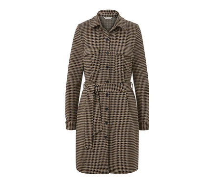 Ein braunes Sweatkleid mit Hahnentritt-Jacquardmuster, langen Ärmeln, Knöpfen und Gürtel.