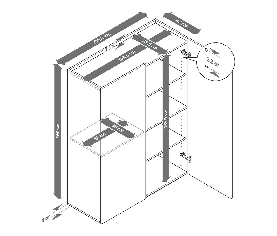 Abmessungen des Highboards sind mit Pfeilen dargestellt.