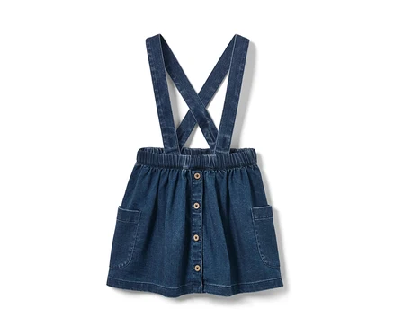 Kleinkind-Denimrock mit Hosenträgern und Knöpfen.