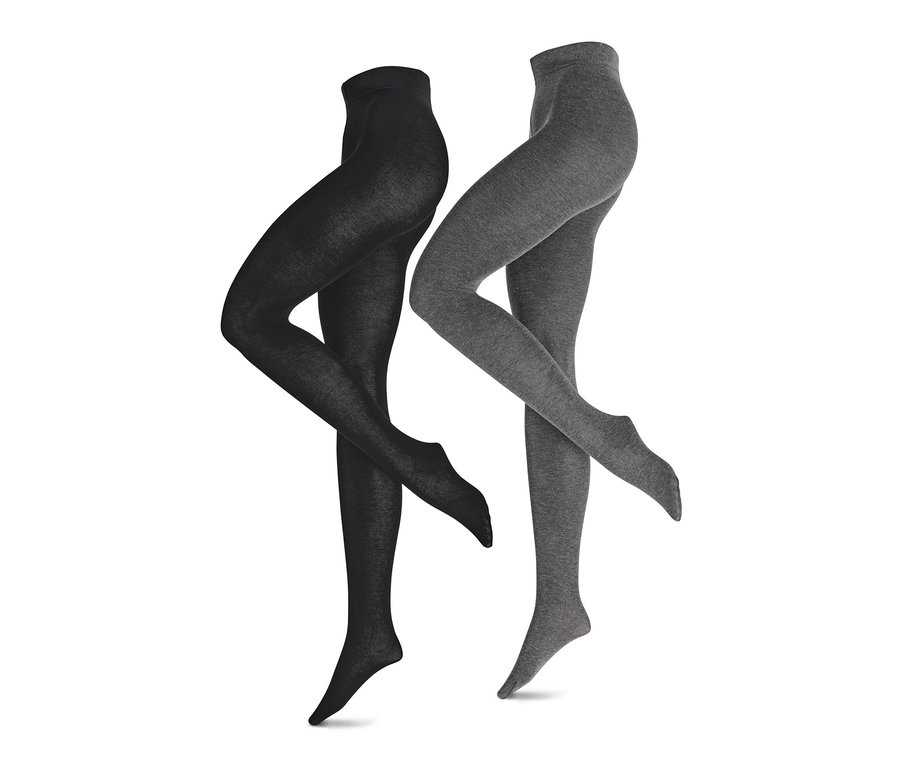 Zwei Paar Strickstrumpfhosen in Schwarz und Grau.