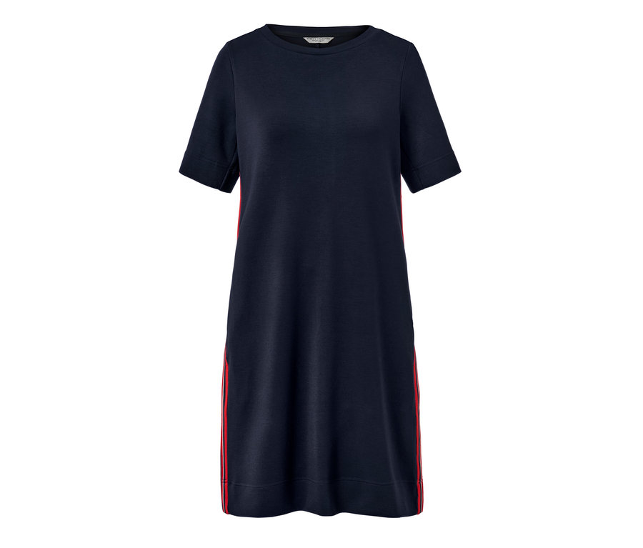 Dunkelblaues Sweatkleid mit roten Galonstreifen an den Seiten.