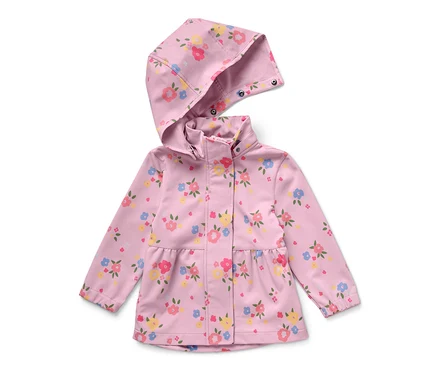 Rosa Kinder-Softshelljacke mit Blumenmuster.
