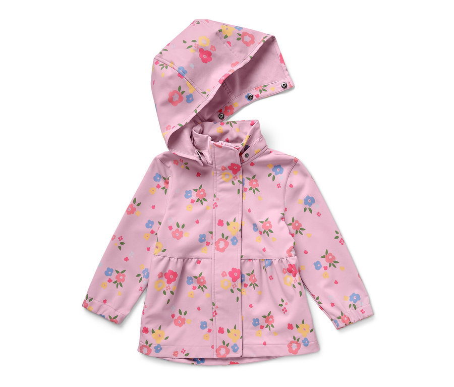 Rosa Kinder-Softshelljacke mit Blumenmuster.