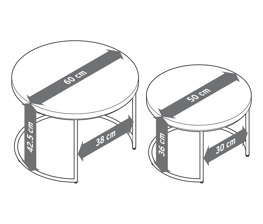 Zwei Couchtische mit runder Beton-Tischplatte und Größenangaben.