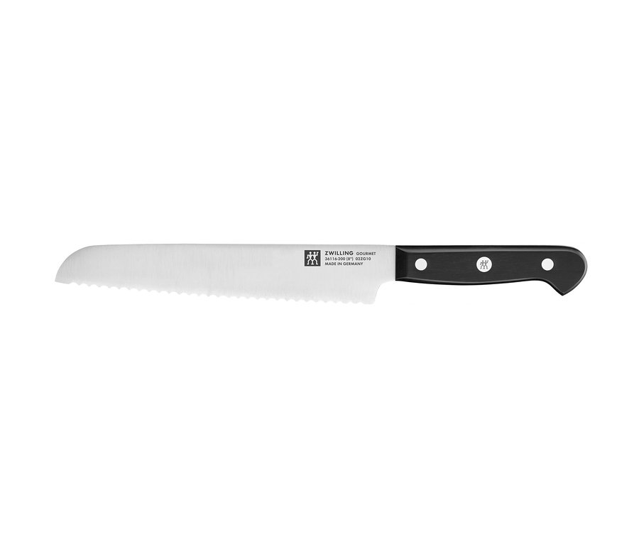 Detailaufnahme eines ZWILLING Selbstschärfender Messerblock »Gourmet« Brotmessers mit schwarzem Griff.