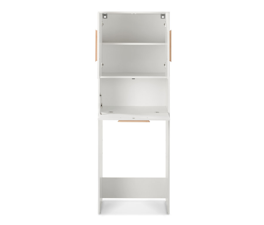 Geöffneter Waschmaschinenschrank mit aufklappbarer Arbeitsfläche.