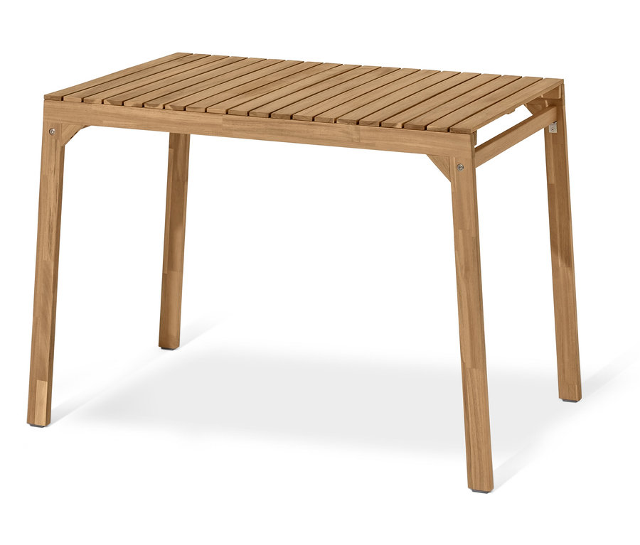 Rechteckiger Tisch aus dem Balkon-Set mit Textilgeflecht, mit Lamellenplatte und vierkantigen Beinen.