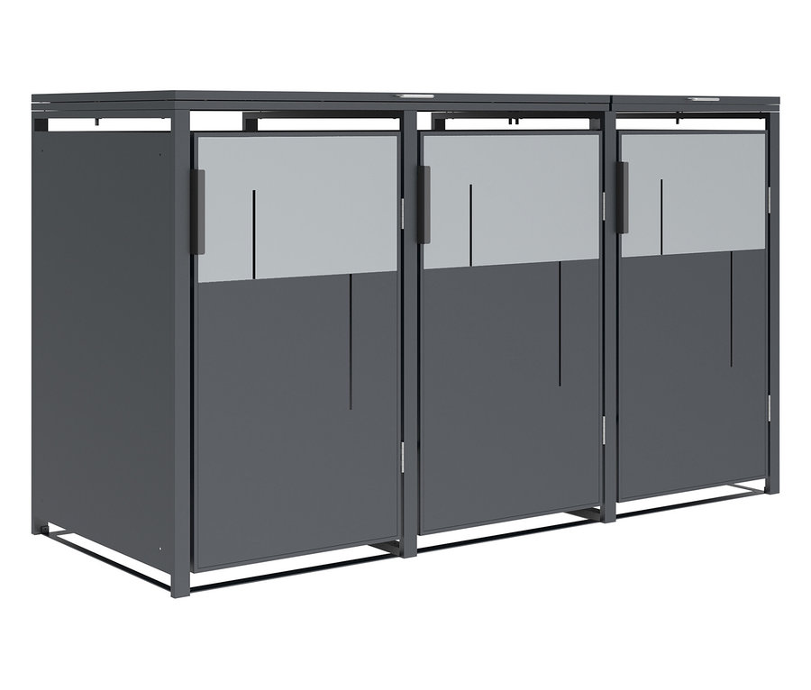 Drei graue Mülltonnenboxen mit grauen oberen Fenstern.