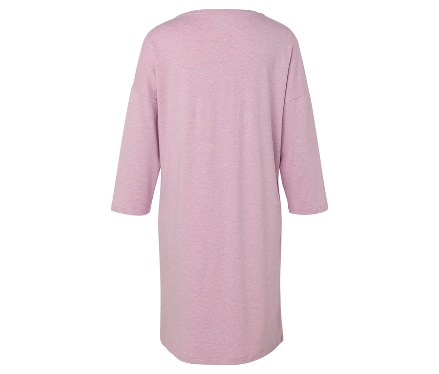 Rückansicht eines hellvioletten T-Shirt-Kleides mit Dreiviertelärmeln.