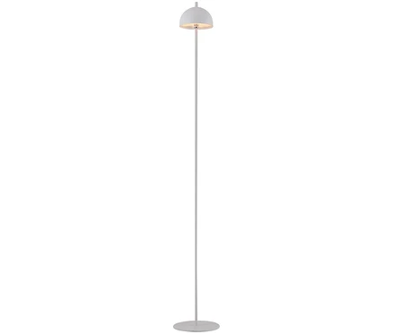 Weiße Stehlampe mit rundem Lampenschirm und Sockel.