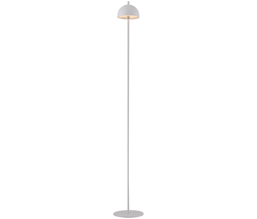 Weiße Stehlampe mit rundem Lampenschirm und Sockel.