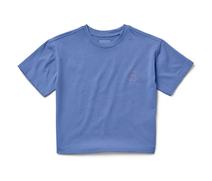 Ein blaues Heavy Kinder-T-Shirt mit überschnittenen Schultern und einem Tier auf einem Skateboard.