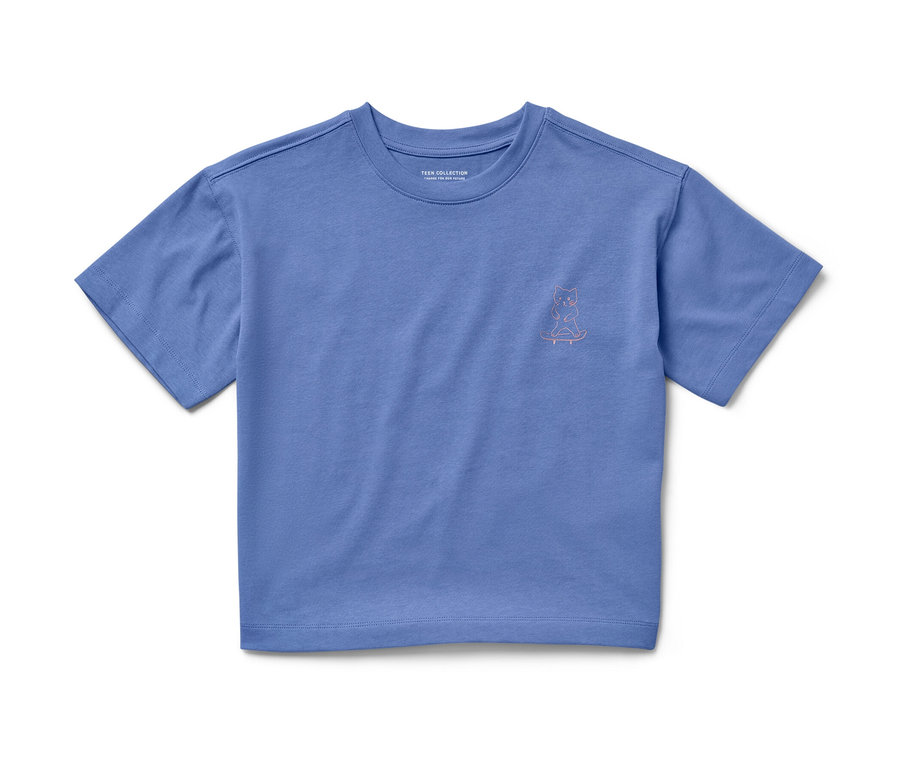 Ein blaues Heavy Kinder-T-Shirt mit überschnittenen Schultern und einem Tier auf einem Skateboard.